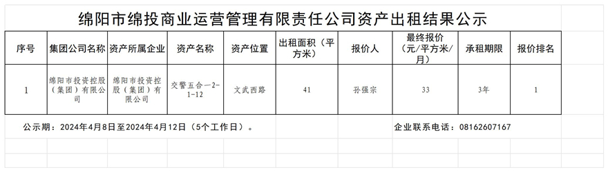 綿陽市綿投商業(yè)運營管理有限責任公司資產(chǎn)出租結果公示_結果公示模板